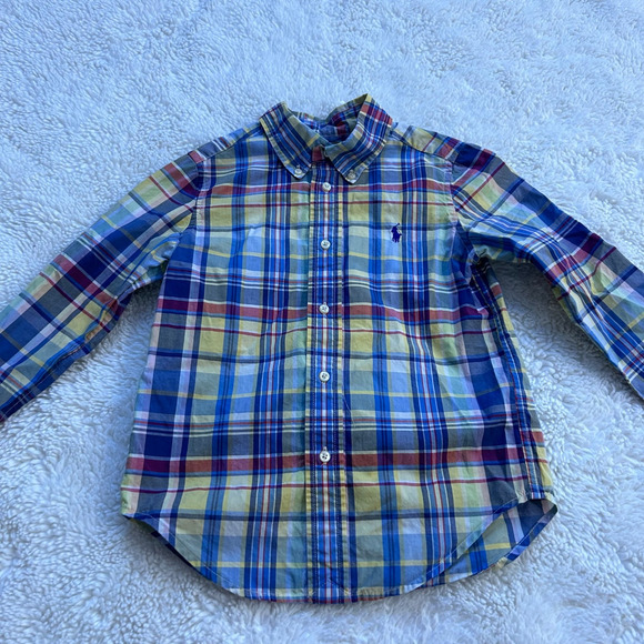 Ralph Lauren Boys Button Up Dress Shirt Sz 4 Plaid Multicolor Polo Pony Logo - Picture 2 of 6